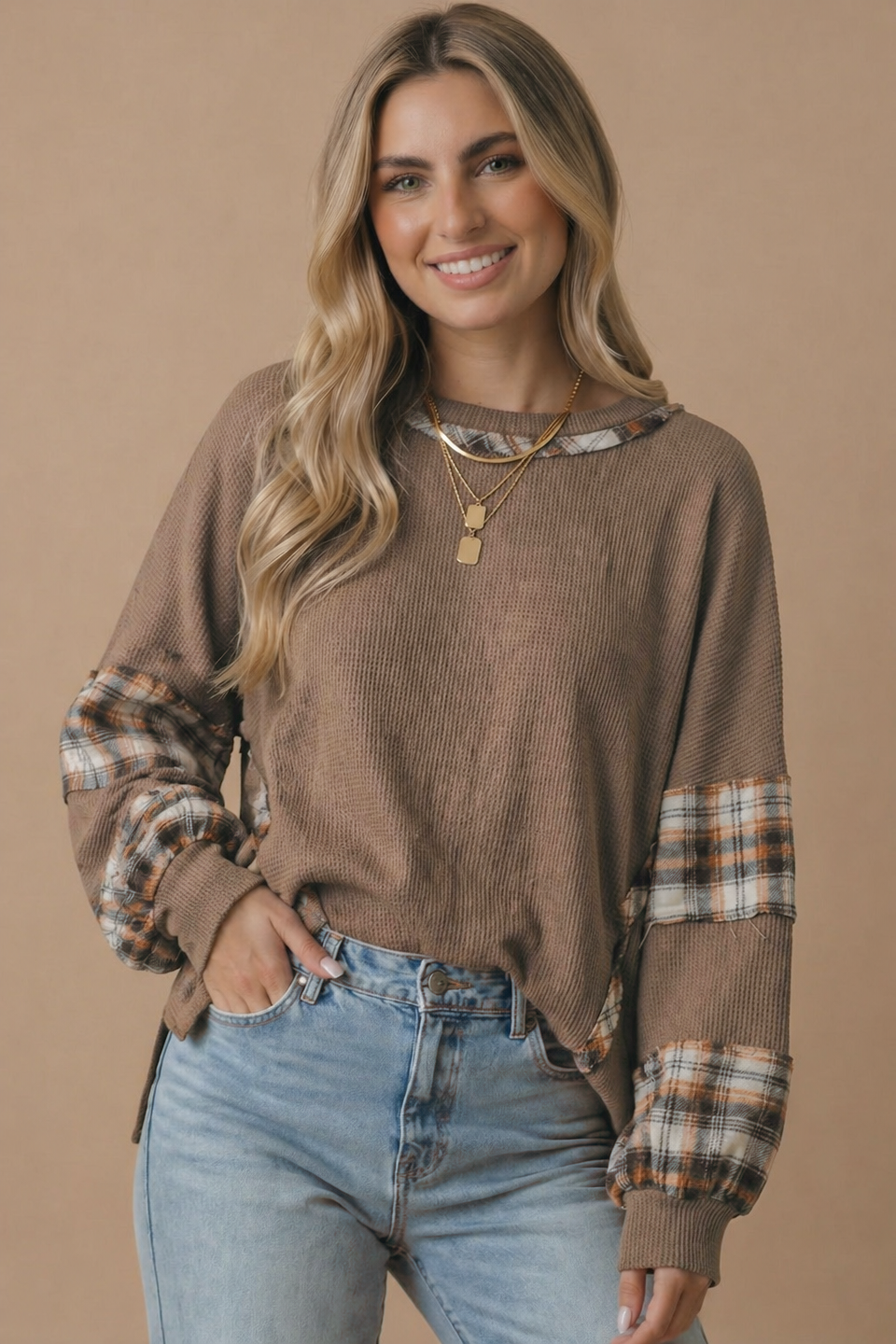 Haptics - Oversized Plaid Contrast Thermal Knit Top