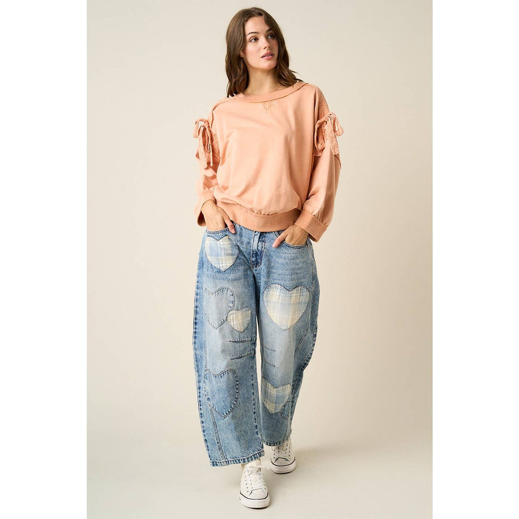 PLAID HEART PATCH BARREL LEG JEANS