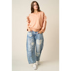 PLAID HEART PATCH BARREL LEG JEANS