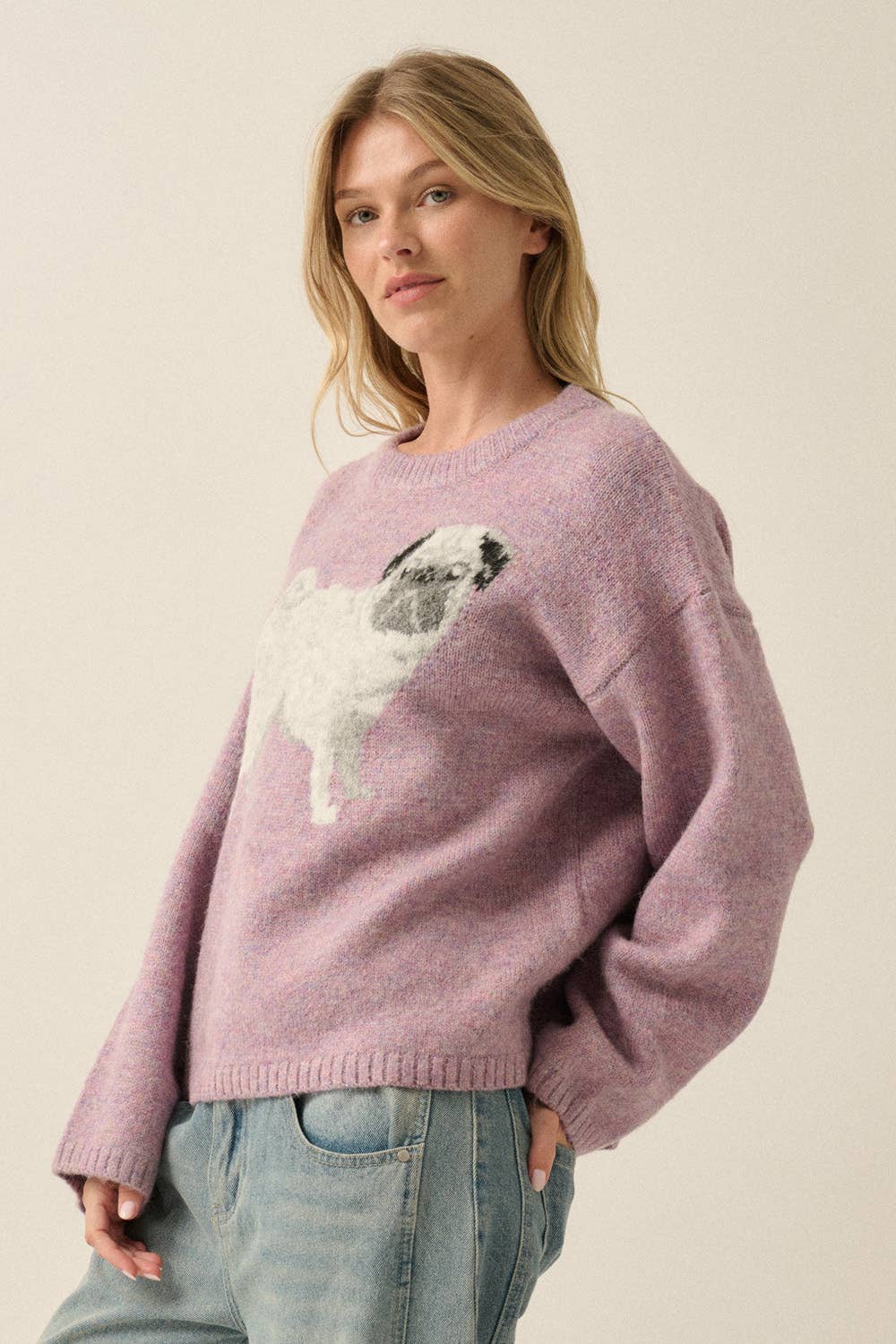 Pug Dog Solid Knit Relaxed-Fit Drop-Shoulder Sweater