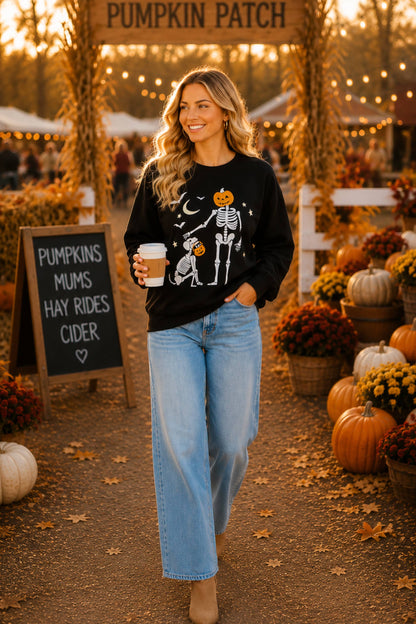 Main Strip - Halloween Pumpkin Skeleton Printed Graphic Crewneck
