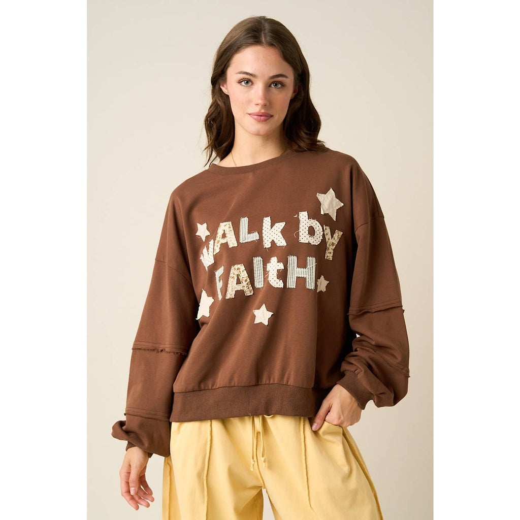WALK BY FAITH PATCHWORK LETTERING SWEATSHIRT