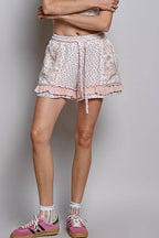 Pol Clothing - Boho Floral Knit Waistband Lace Patch Ruffle Shorts