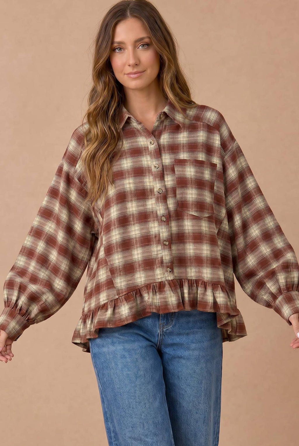 Haptics - Button Down Check Plaid Babydoll Peplum Shirt