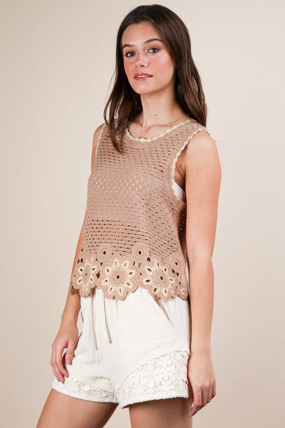VERY J - NT12140-Floral Trim Detail Crochet Top