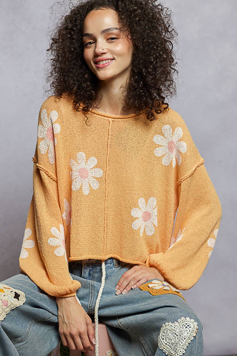 Pol Clothing - Round Neck Balloon Sleeve Floral Print Thin Sweater