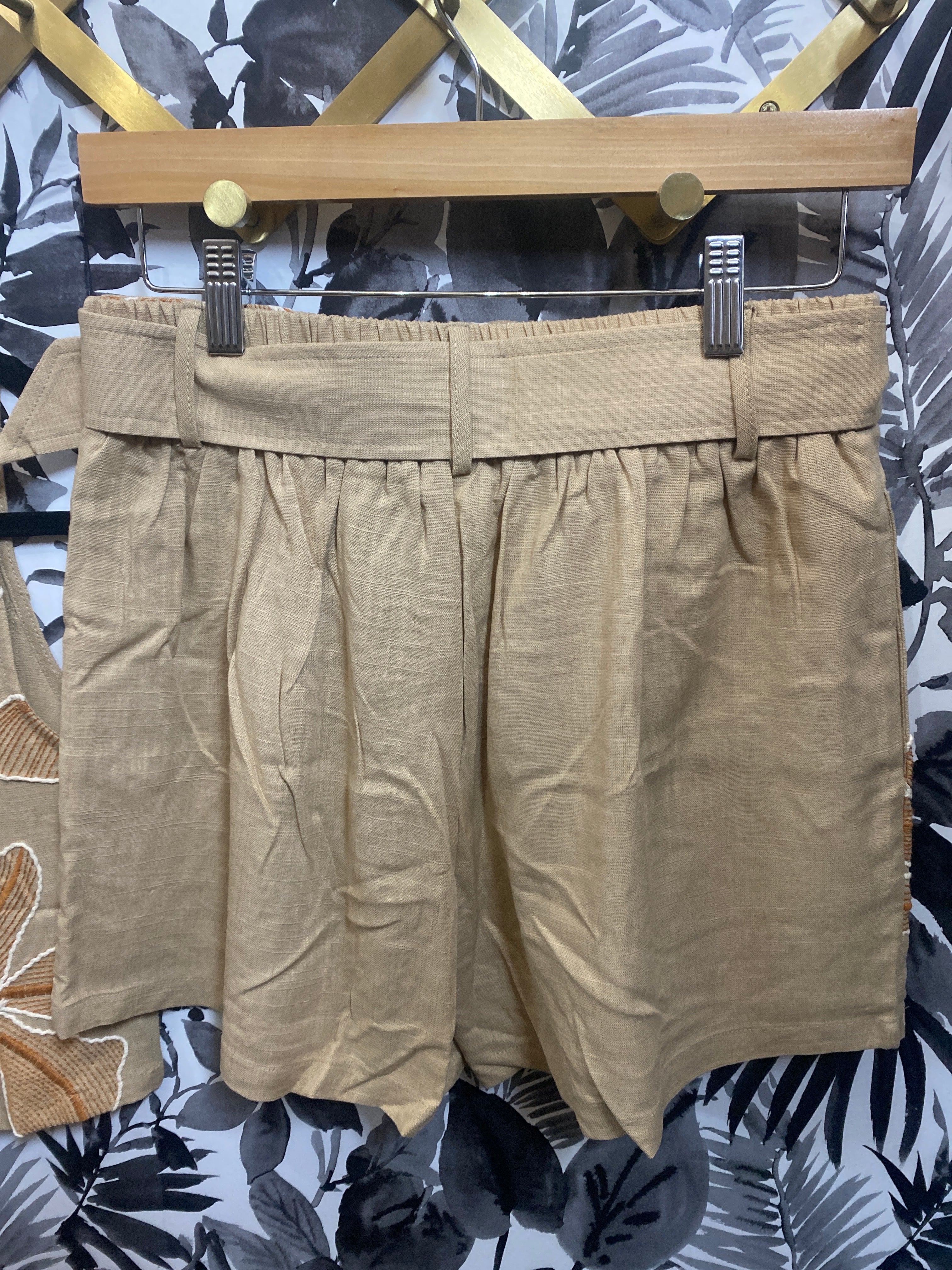 Embroidered Petals Belted High Waisted Shorts-Camel