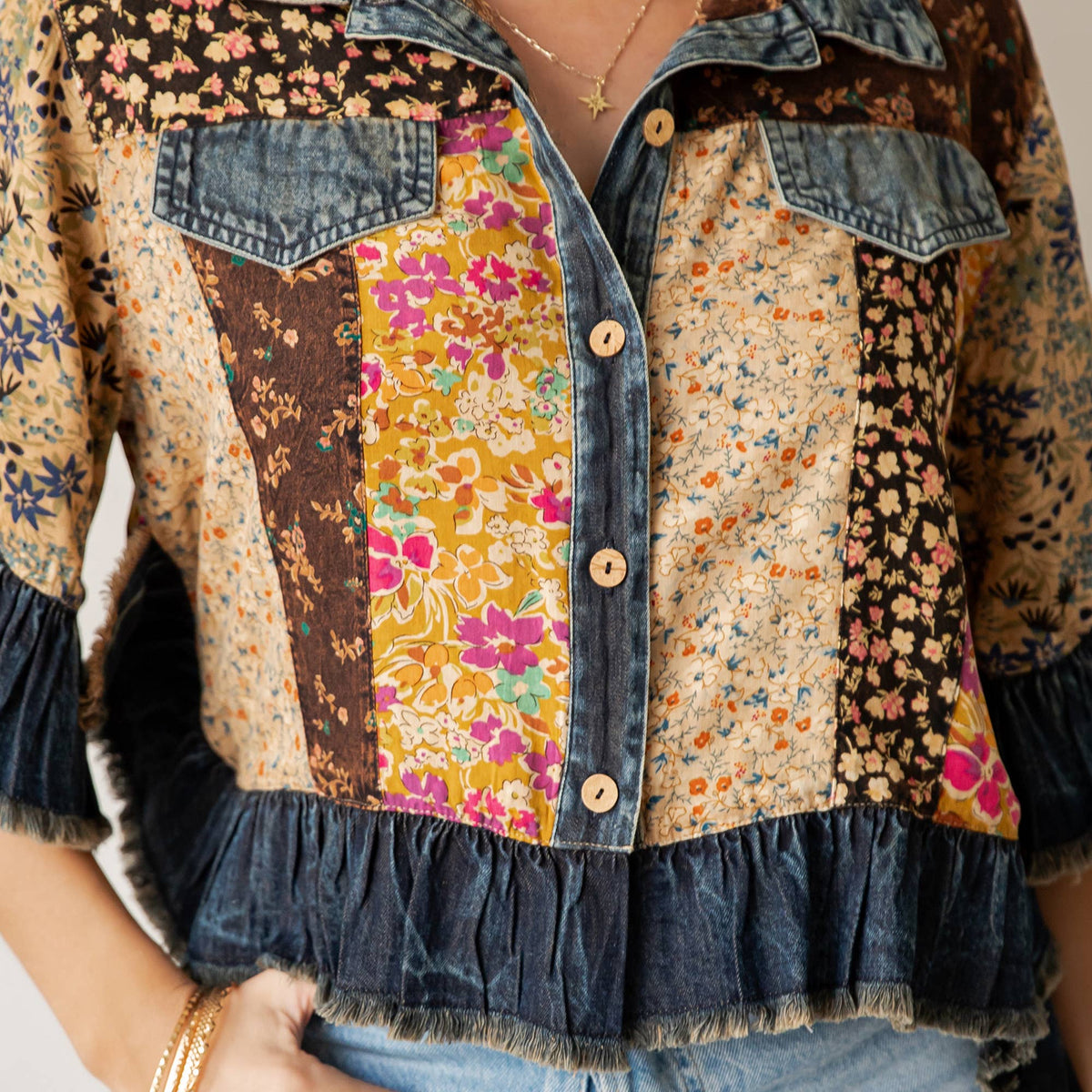 Distressed Denim Crop Jacket with Ruffled Hem