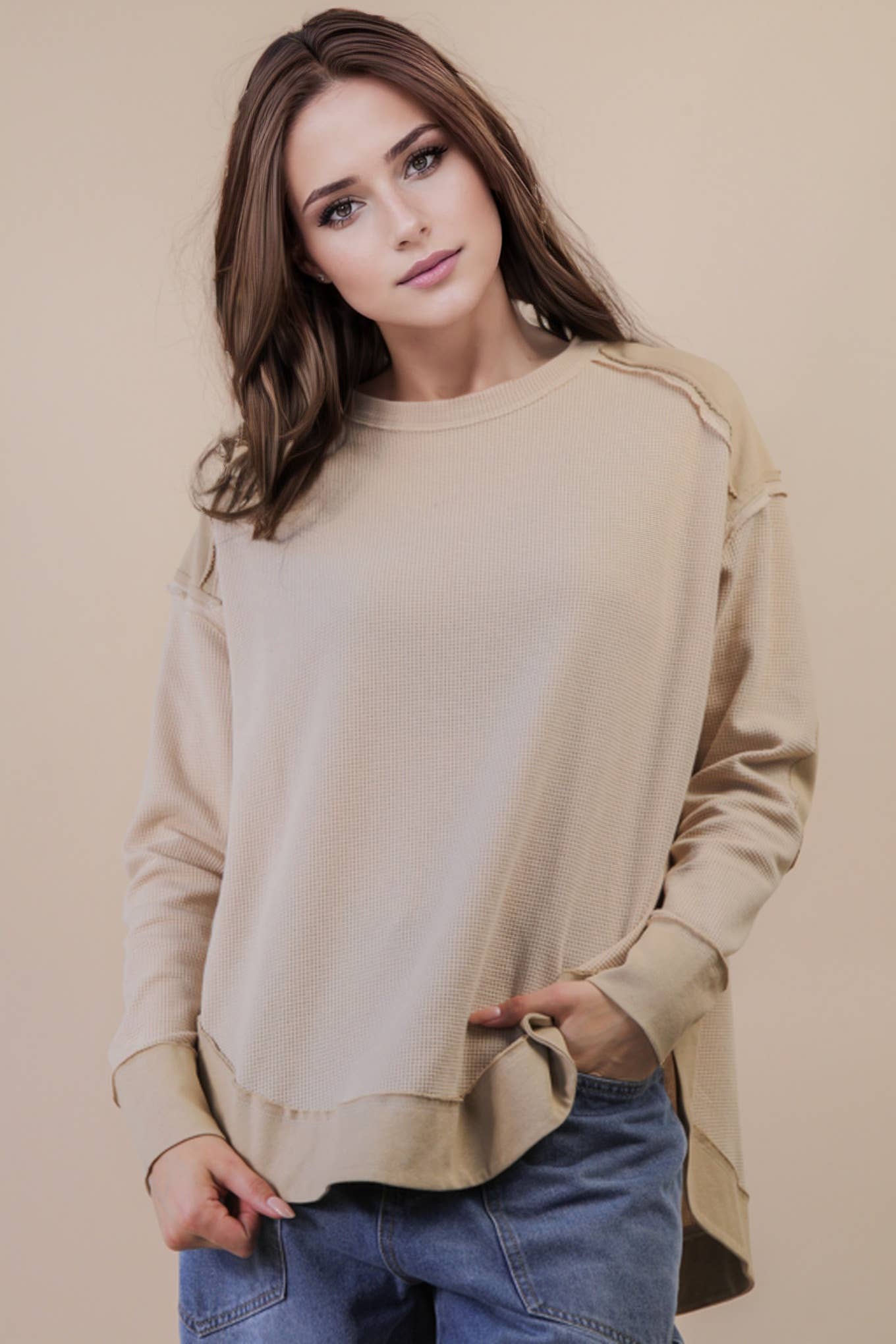 Mineral Washed Elbow Patch Contrast Knit Top