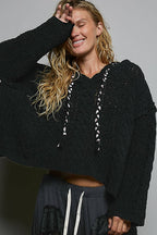 Pol Clothing - Oversize Fit V-neck Hooded Cable Knit Chenille Sweater SALE