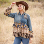 Young Threads - Vintage Boho Denim Yoke Patchwork Tiered Tunic Top  NEW