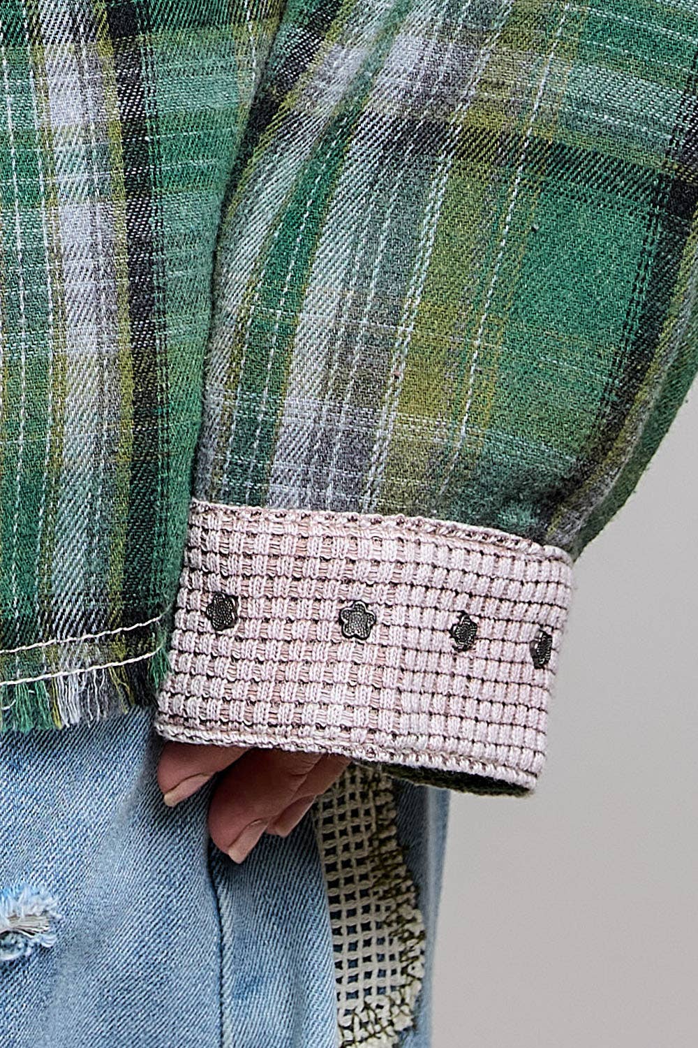 Pol Clothing - Plaid Mixed-Fabric Thermal Patch Studded Raw Edge Shirt