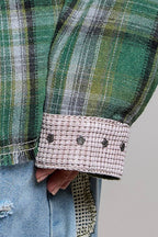 Pol Clothing - Plaid Mixed-Fabric Thermal Patch Studded Raw Edge Shirt