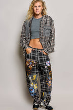 Pol Clothing - Plaid Woven Thermal Patch Floral Patchwork Hoodie Top