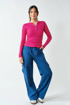 Essential Long-Sleeved Micro-Ribbed Henley Top-Mono B