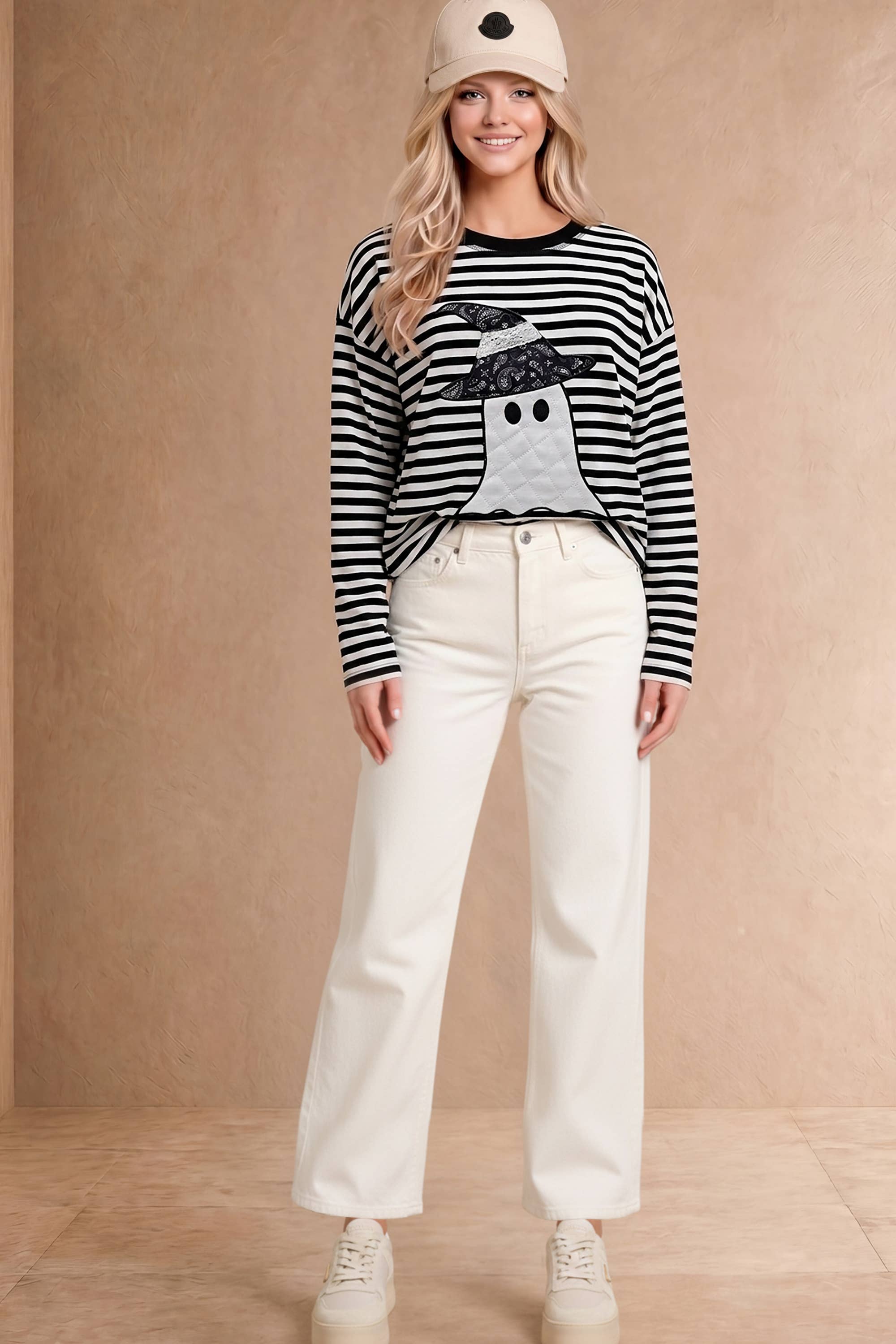 Main Strip - Halloween Ghost Appliqué Striped Long Sleeve Top