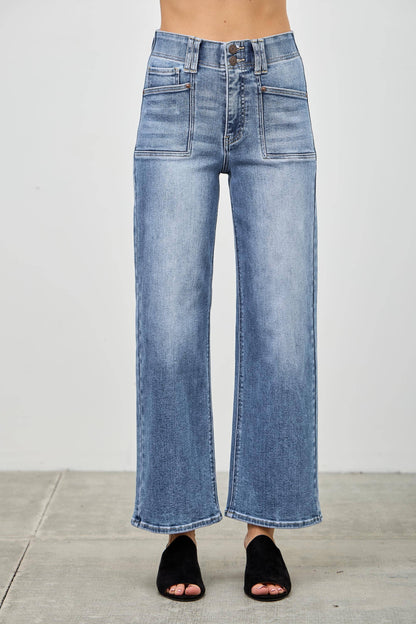 HIGH RISE CROP STRAIGHT WITH DOUBLE BUTTON SAIGE DENIM