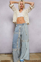 Pol Clothing - V-neck Short Sleeve Crochet Floral Lace Cardigan