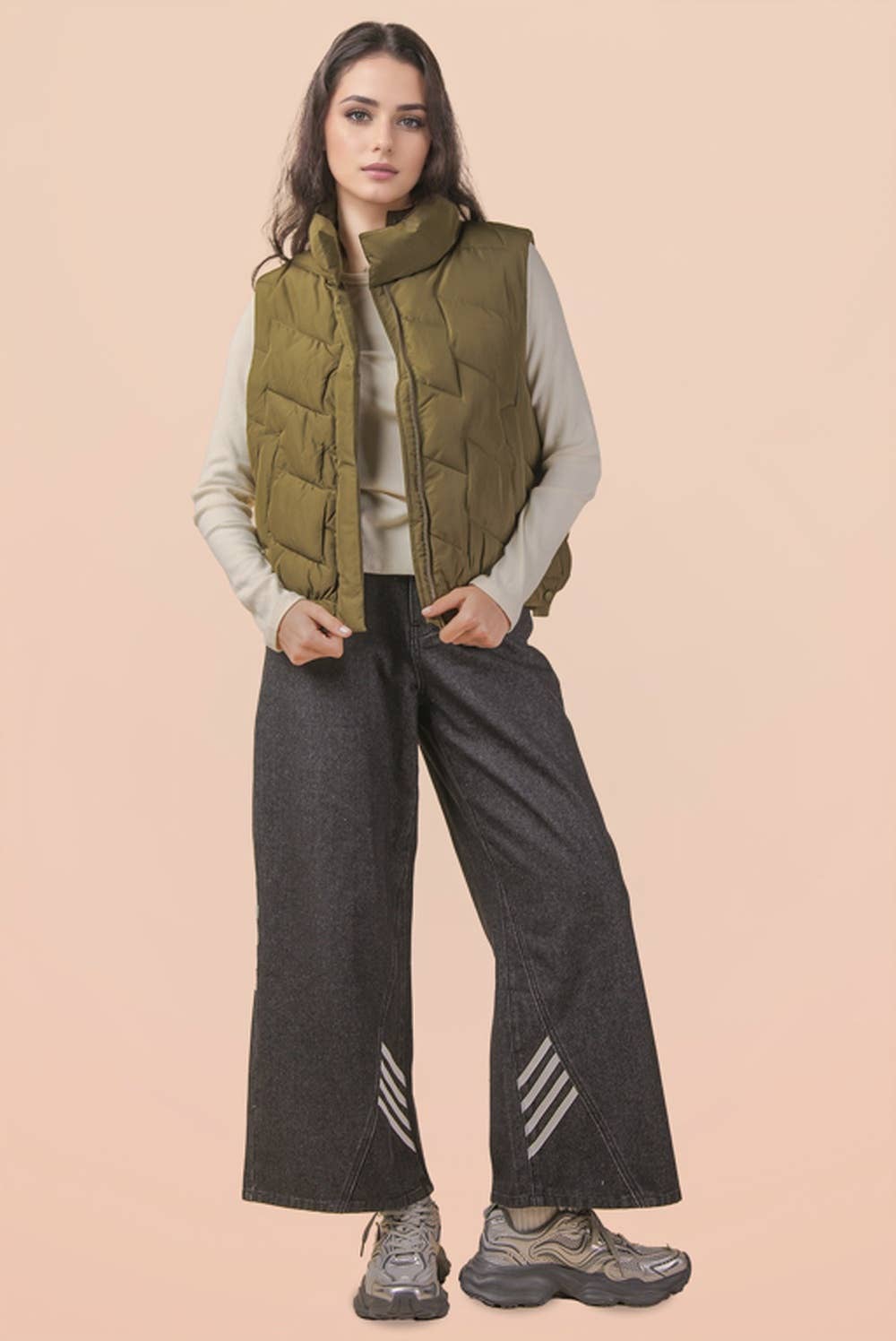 Bermie Mock Neck Casual Zigzag Quilted Puffer Vest