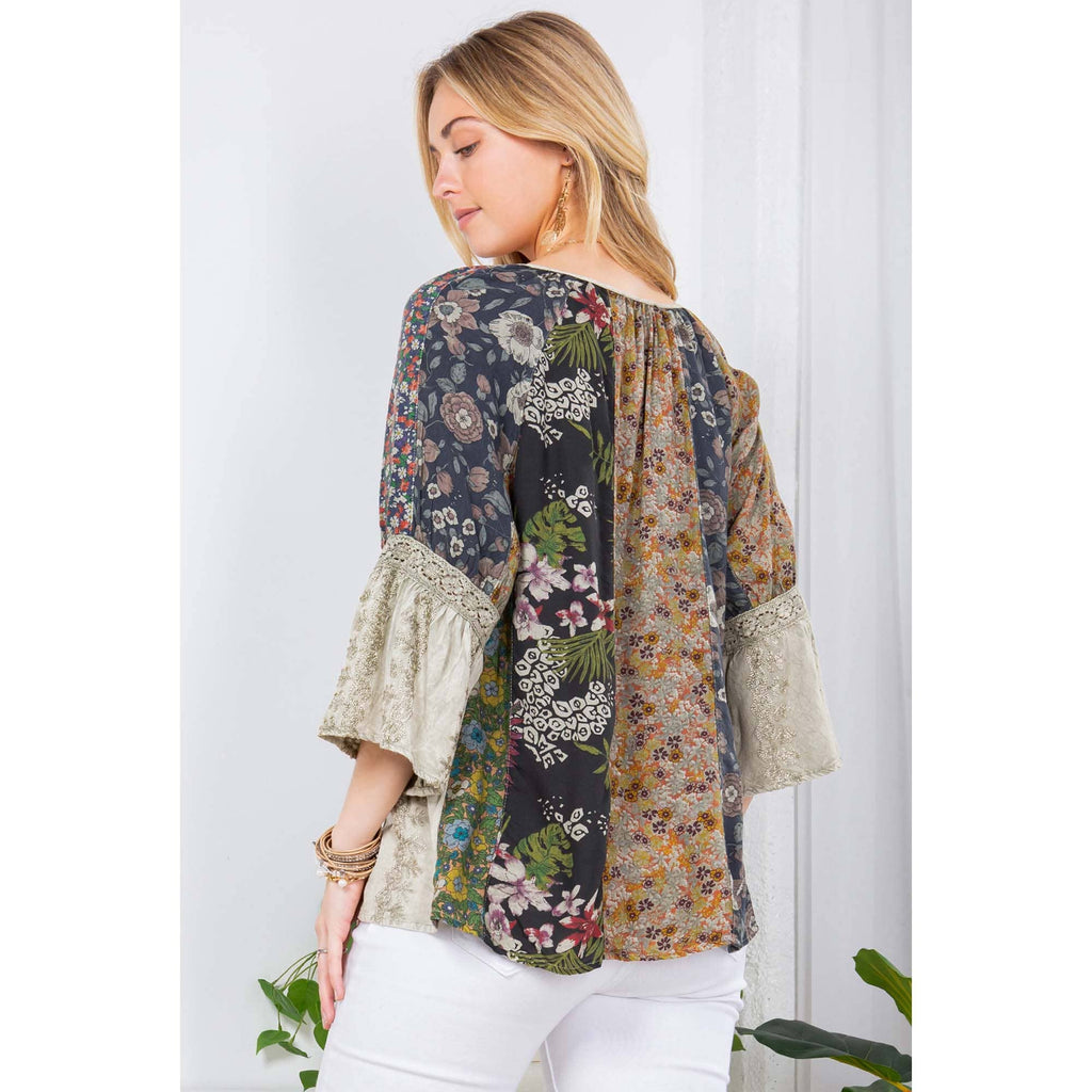 Young Threads - Enchanting Whimsy Overdyed Rayon Peasant Top With Embroidery