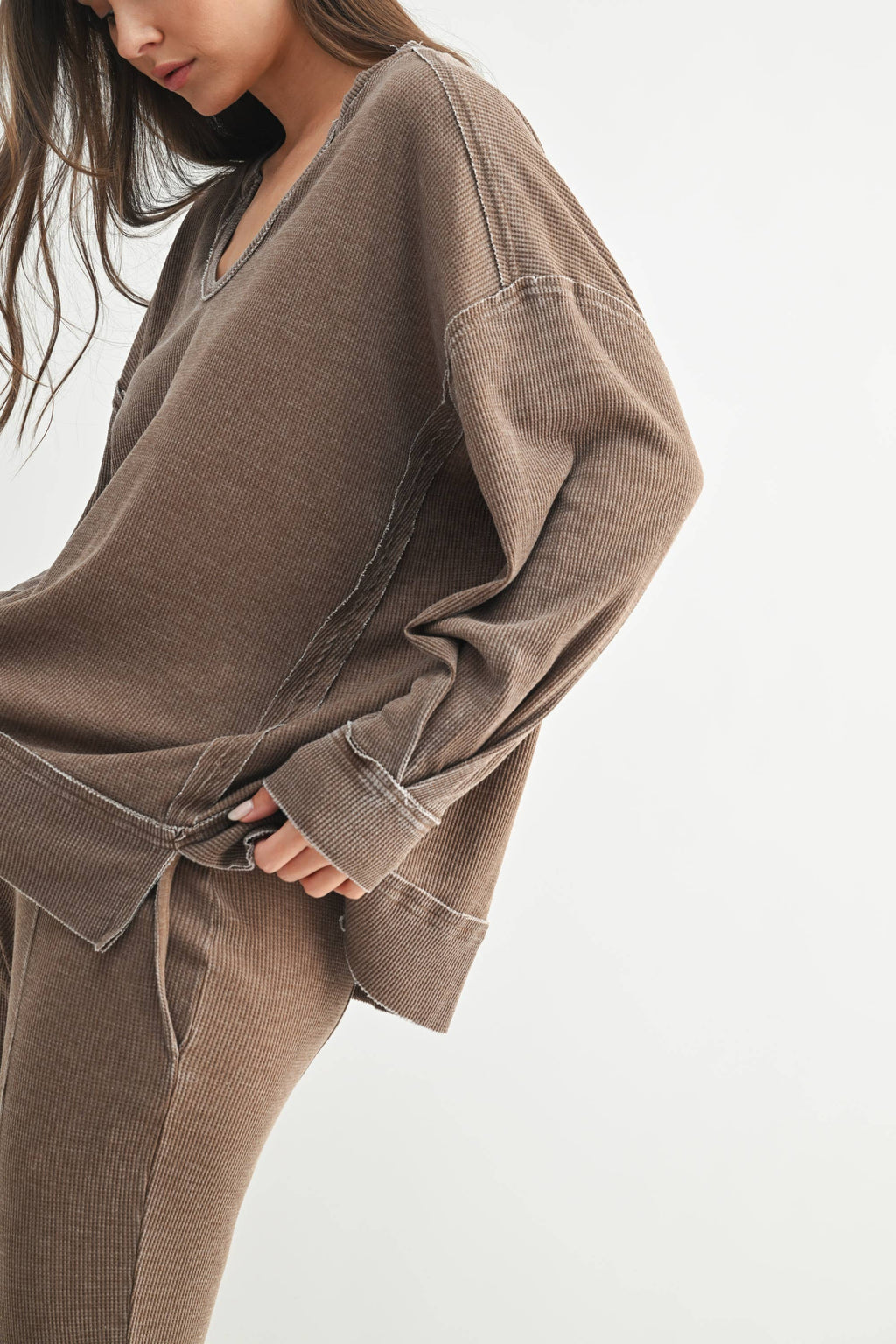 Cotton Blend Waffle Knit Oversized Long Sleeve