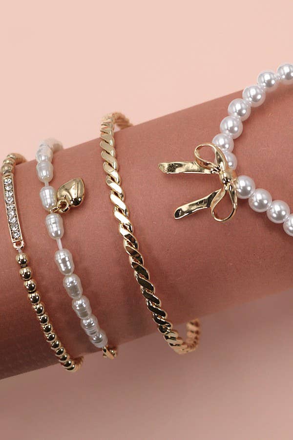 BOW PEARL RHINESTONE BAR STRETCH BANGLE SET |