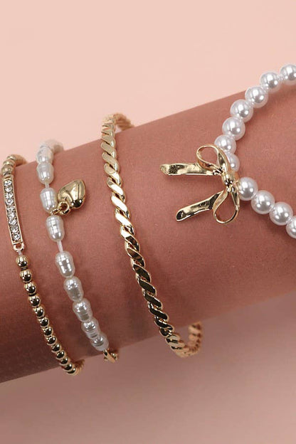 BOW PEARL RHINESTONE BAR STRETCH BANGLE SET |