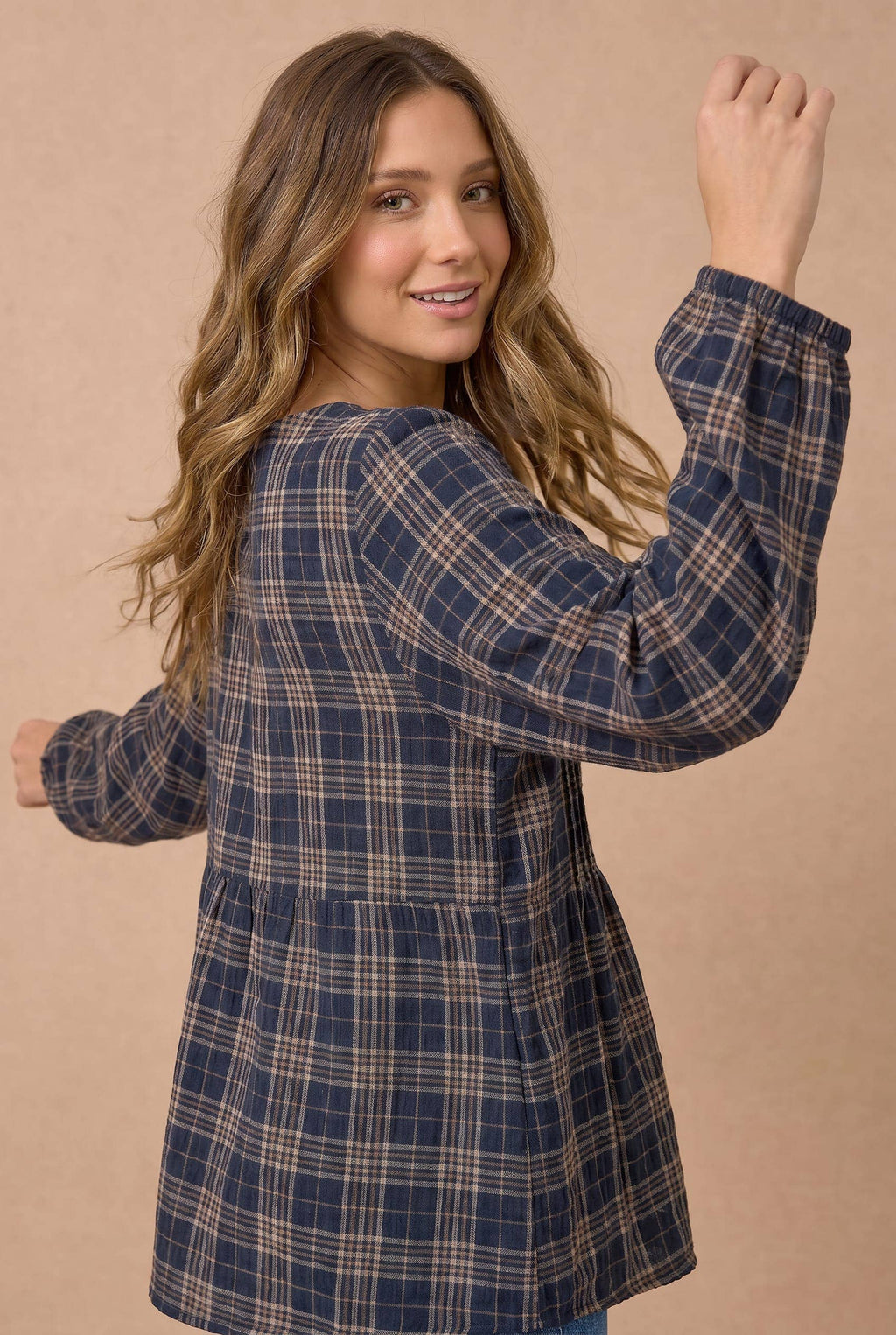 Haptics - Plus Crinkle Plaid Pin Tuck Buttoned Woven Blouse