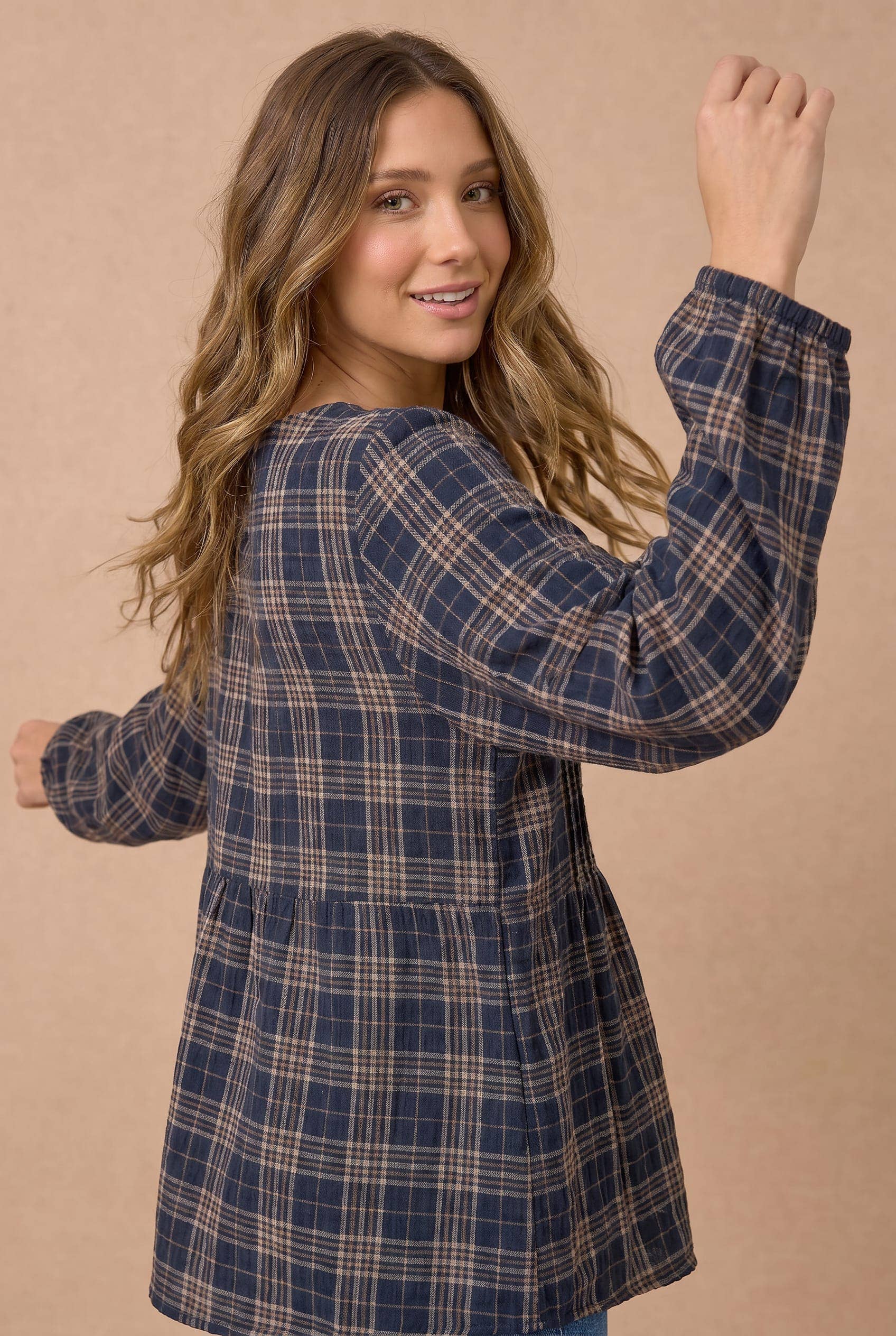 Haptics - Plus Crinkle Plaid Pin Tuck Buttoned Woven Blouse
