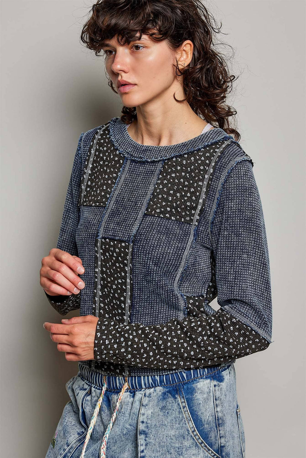 Pol Clothing - Waffle Knit Contrast Patchwork Top