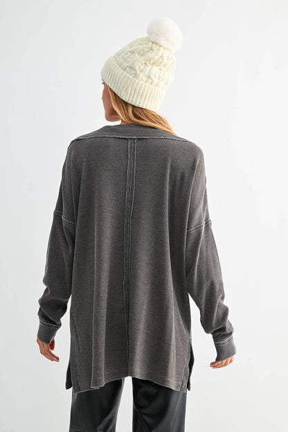 Cotton Blend Waffle Knit Oversized Collared Long Sleeve