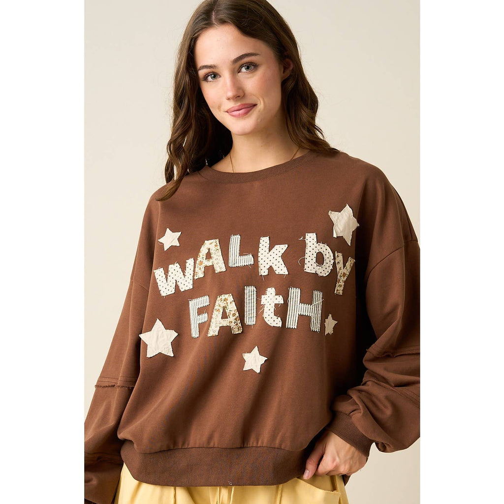 WALK BY FAITH PATCHWORK LETTERING SWEATSHIRT