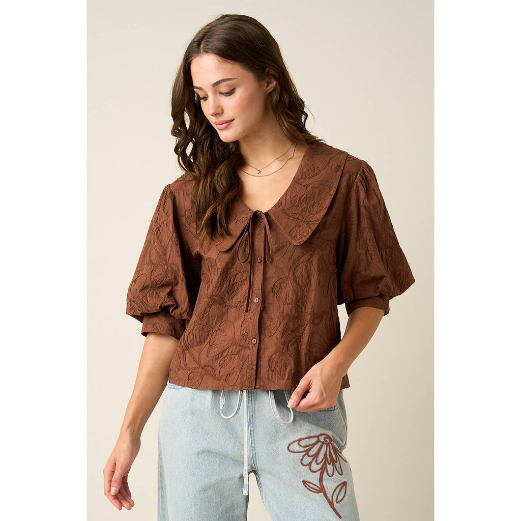 mittoshop - EMBROIDERED PETER PAN COLLAR PUFF SLEEVE BLOUSE
