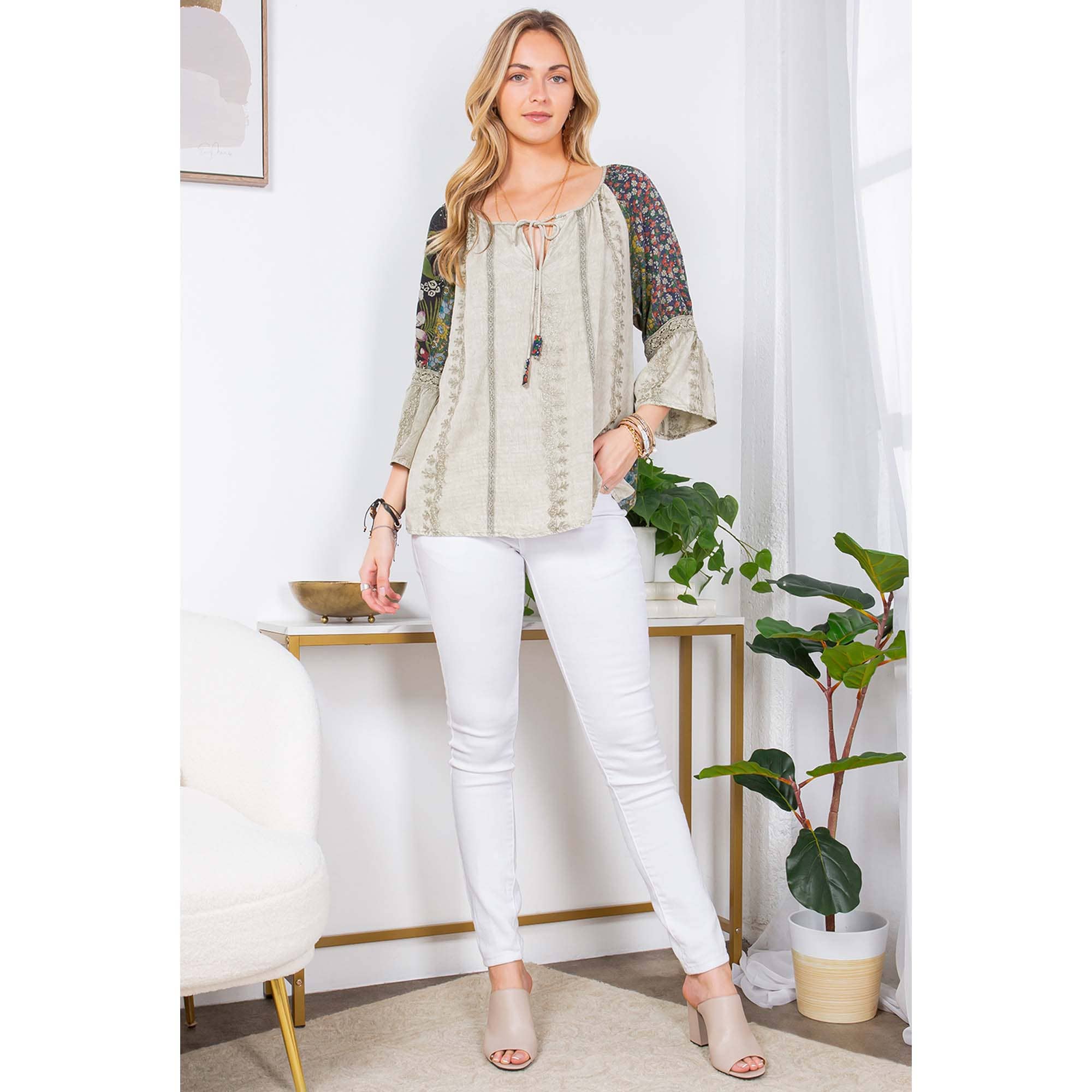 Young Threads - Enchanting Whimsy Overdyed Rayon Peasant Top With Embroidery