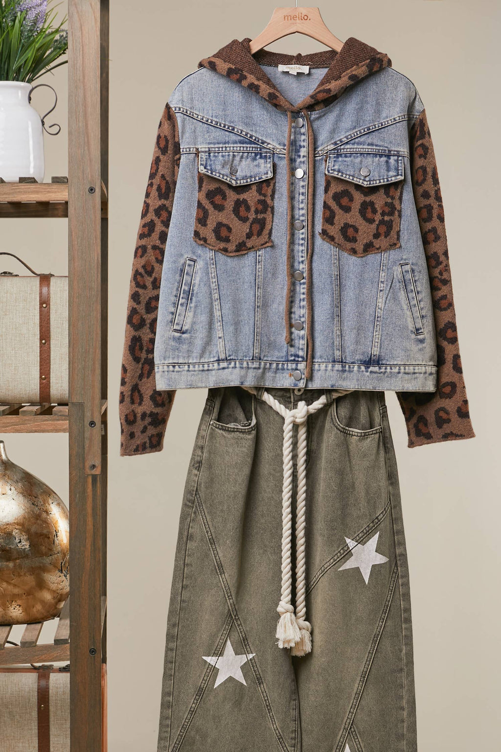 Denim Vest with Animal Print Sleeves and Hoodie -Mello