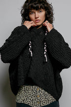 Pol Clothing - Oversize Fit V-neck Hooded Cable Knit Chenille Sweater SALE