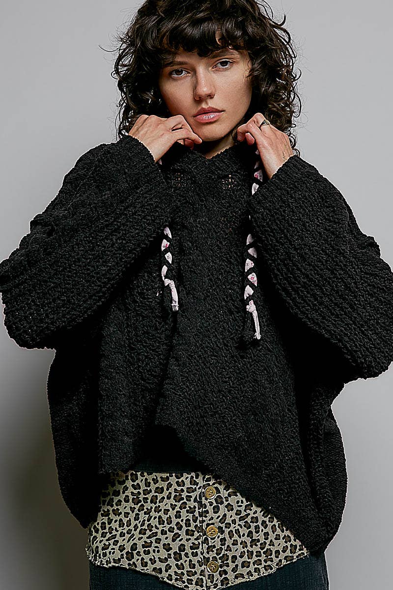 Pol Clothing - Oversize Fit V-neck Hooded Cable Knit Chenille Sweater SALE