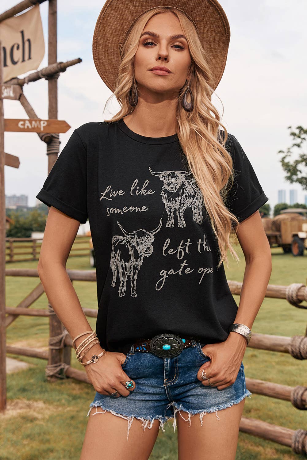 Western Cow Print Round Neck Casual Tee