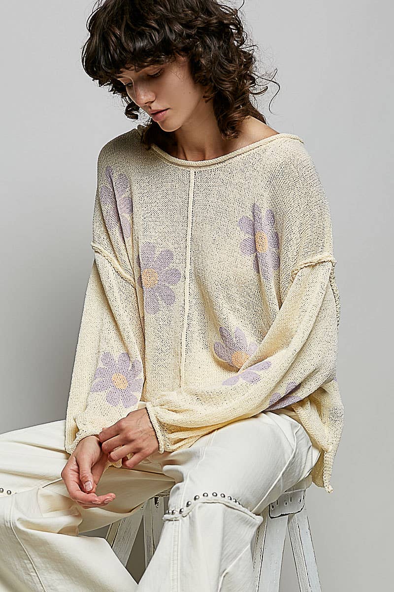 Pol Clothing - Round Neck Balloon Sleeve Floral Print Thin Sweater