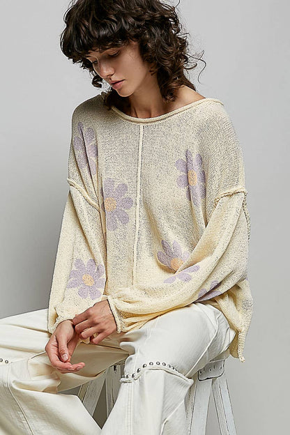 Pol Clothing - Round Neck Balloon Sleeve Floral Print Thin Sweater