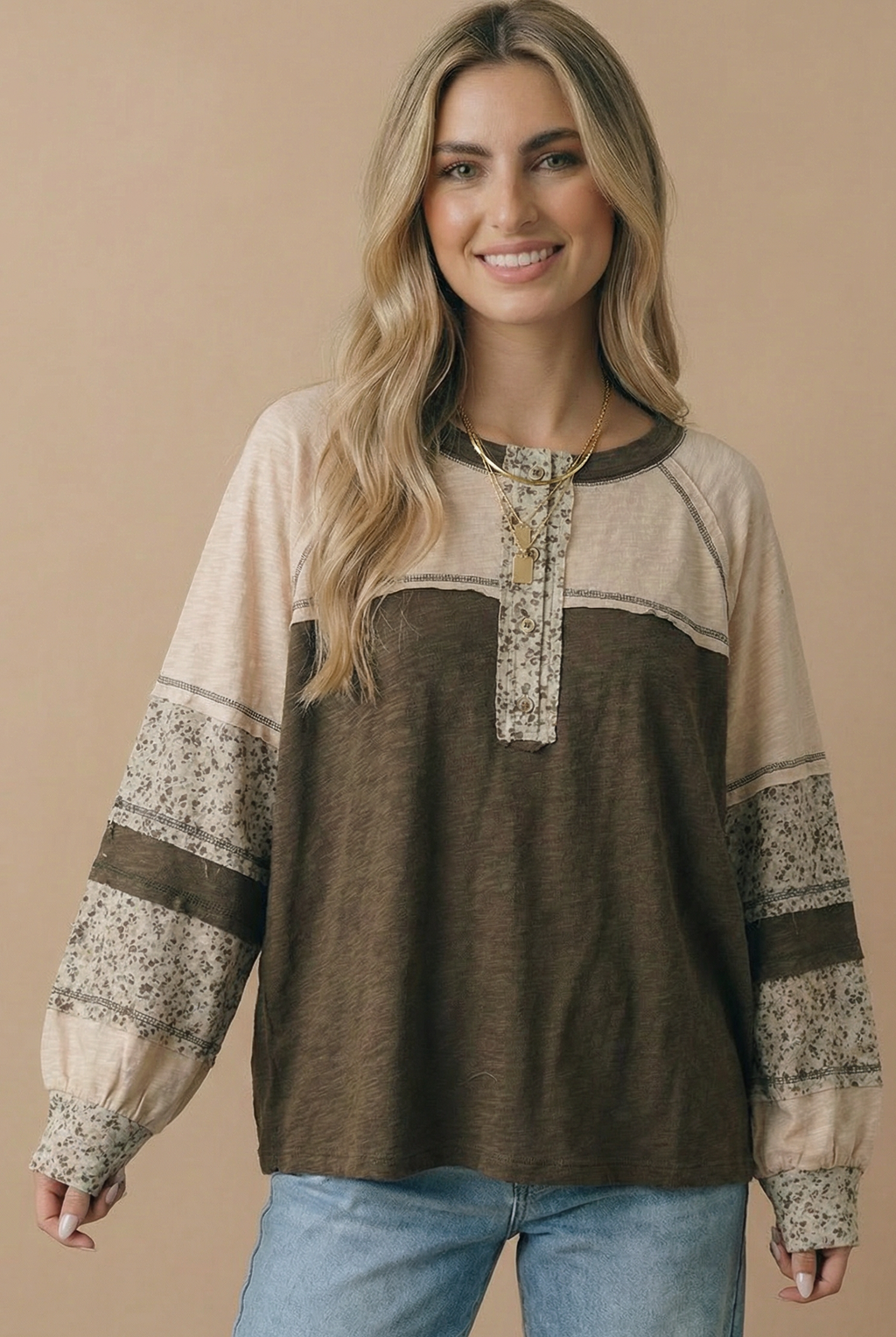 Round Neck Floral Color Block Cotton Slub Top-Haptics