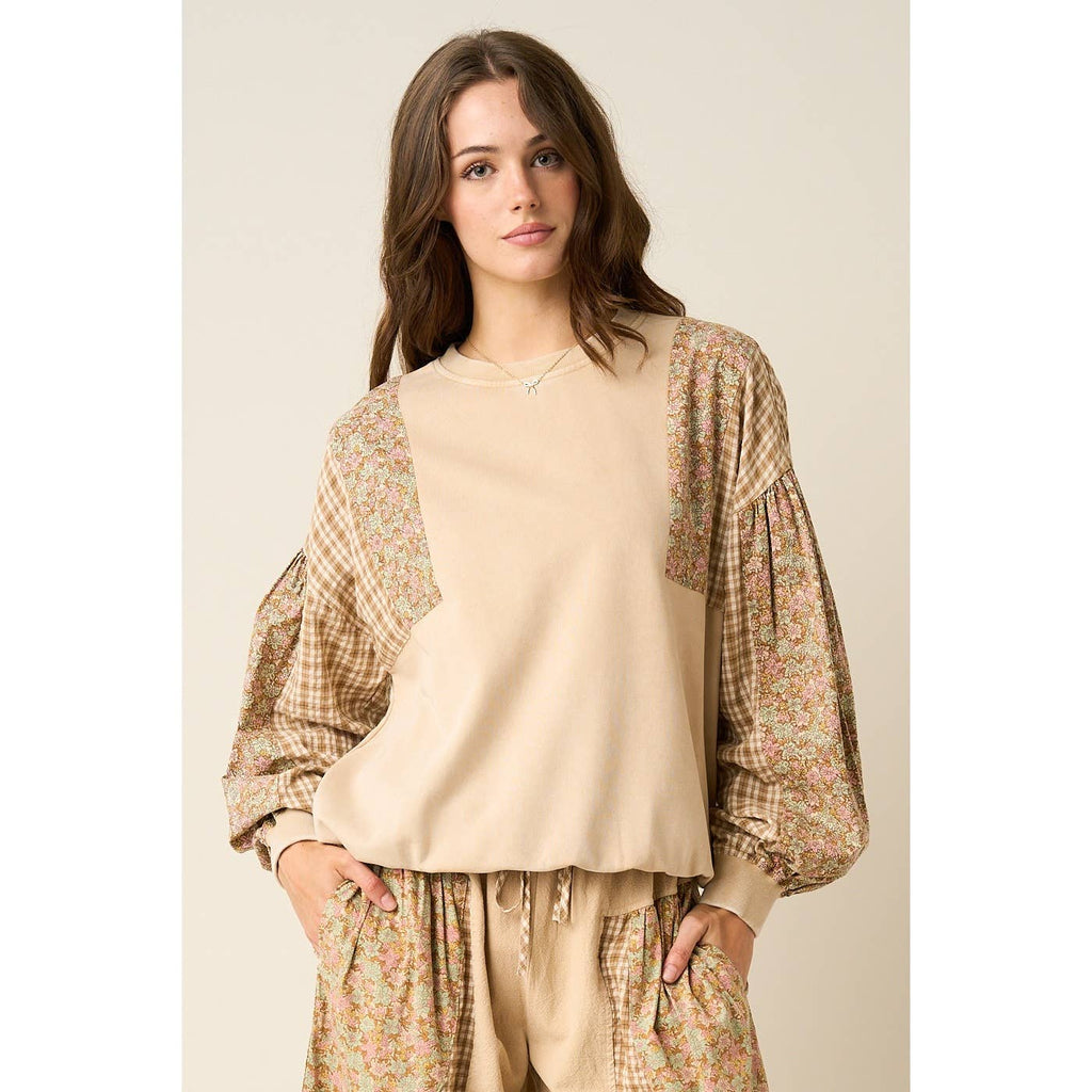 mittoshop - PATCHWORK SLEEVE MINERAL WASH CREW NECK SWEATSHIRT