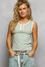 Pol Clothing - Round Neck Sleeveless Ribbed Floral Printed Knit Top