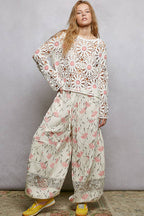 Pol Clothing - Floral Weave Round Neck Long Sleeve Crochet Top