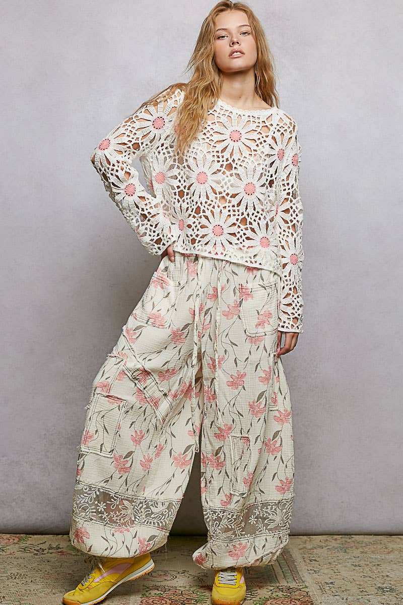 Pol Clothing - Floral Weave Round Neck Long Sleeve Crochet Top