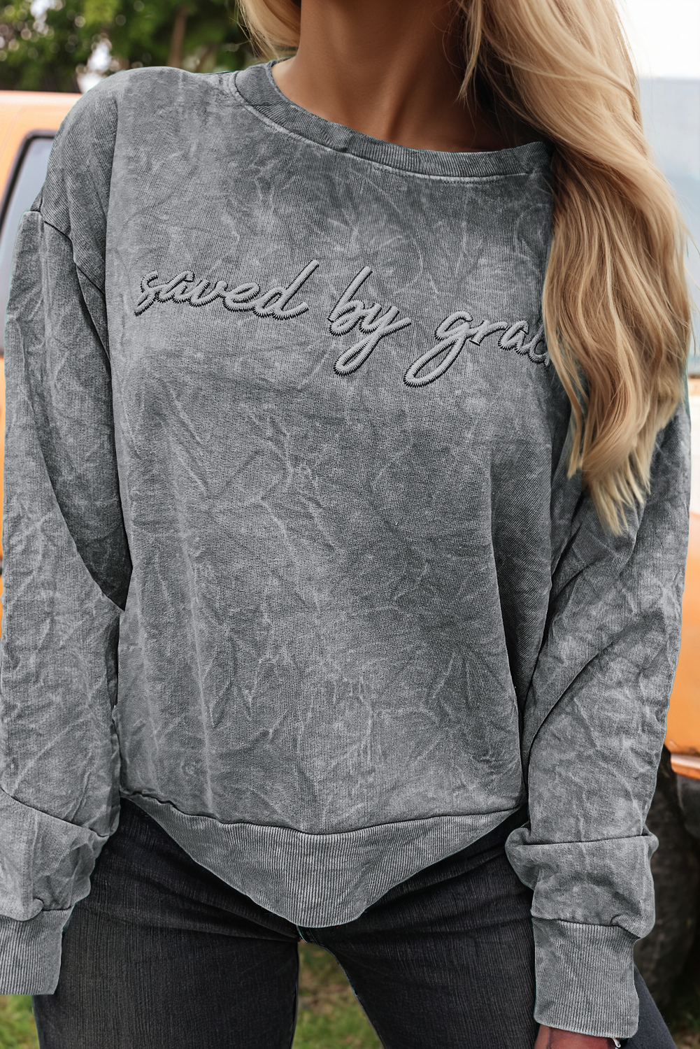 Saved By Grace Embroidery Mineral Wash Loose Sweatshirt