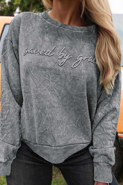 Saved By Grace Embroidery Mineral Wash Loose Sweatshirt