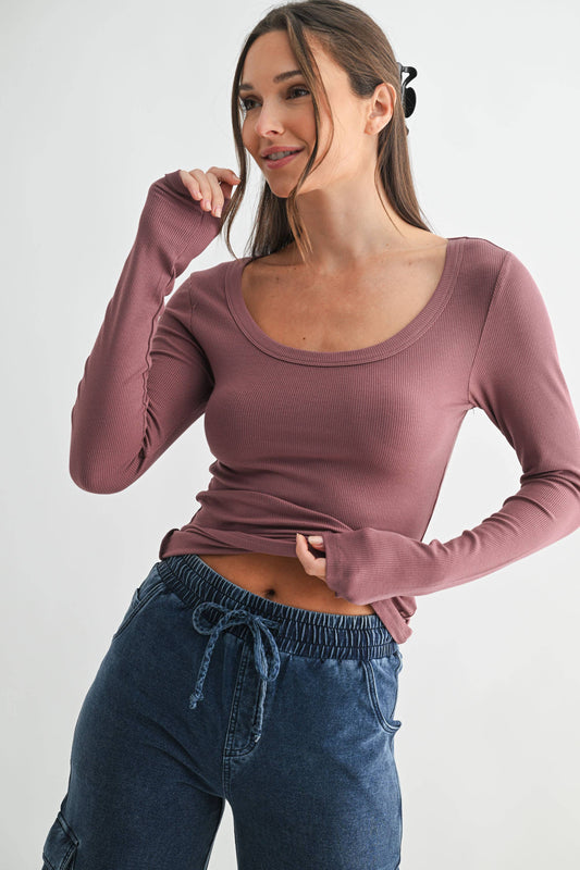 Scoop Neck Micro-Ribbed Long Sleeve Top Mono B