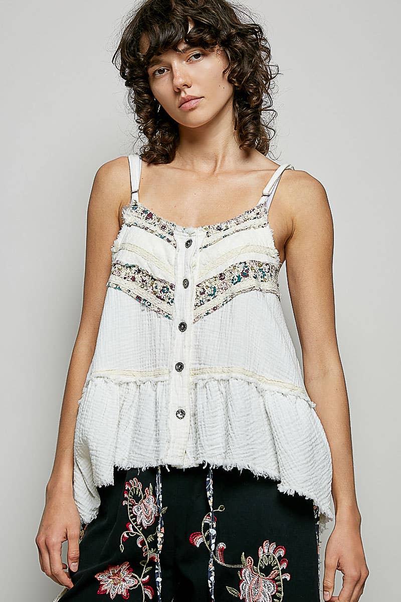 Pol Clothing - Double Gauze Denim Lace Patch Outseam Round Neck Sleeveless