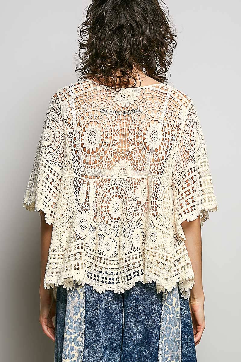 Pol Clothing - 3/4 Sleeve V-neck Crochet Varied Pattern Flared Top